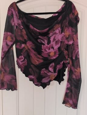 Unk Black Floral Mesh Long-Sleeve Top with Purple and Brown Accents